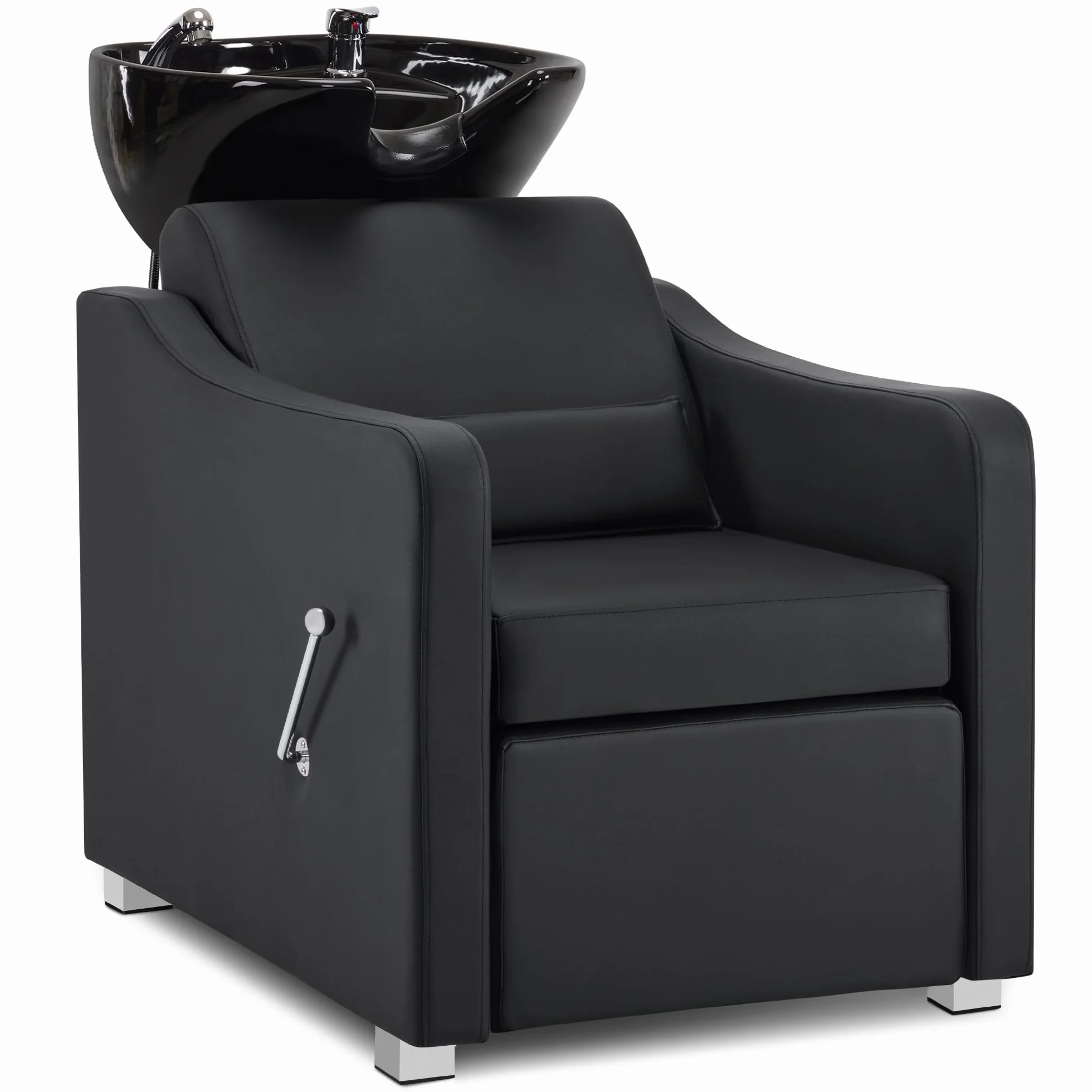 Barberpub Friseurstuhl mit Waschbecken, Klappbare Beinstütze, Friseurwaschbecken aus Keramik Verstellbar, Friseurwaschsessel für SPA Salon, Friseur Waschplatz W8675 (Schwarz)
