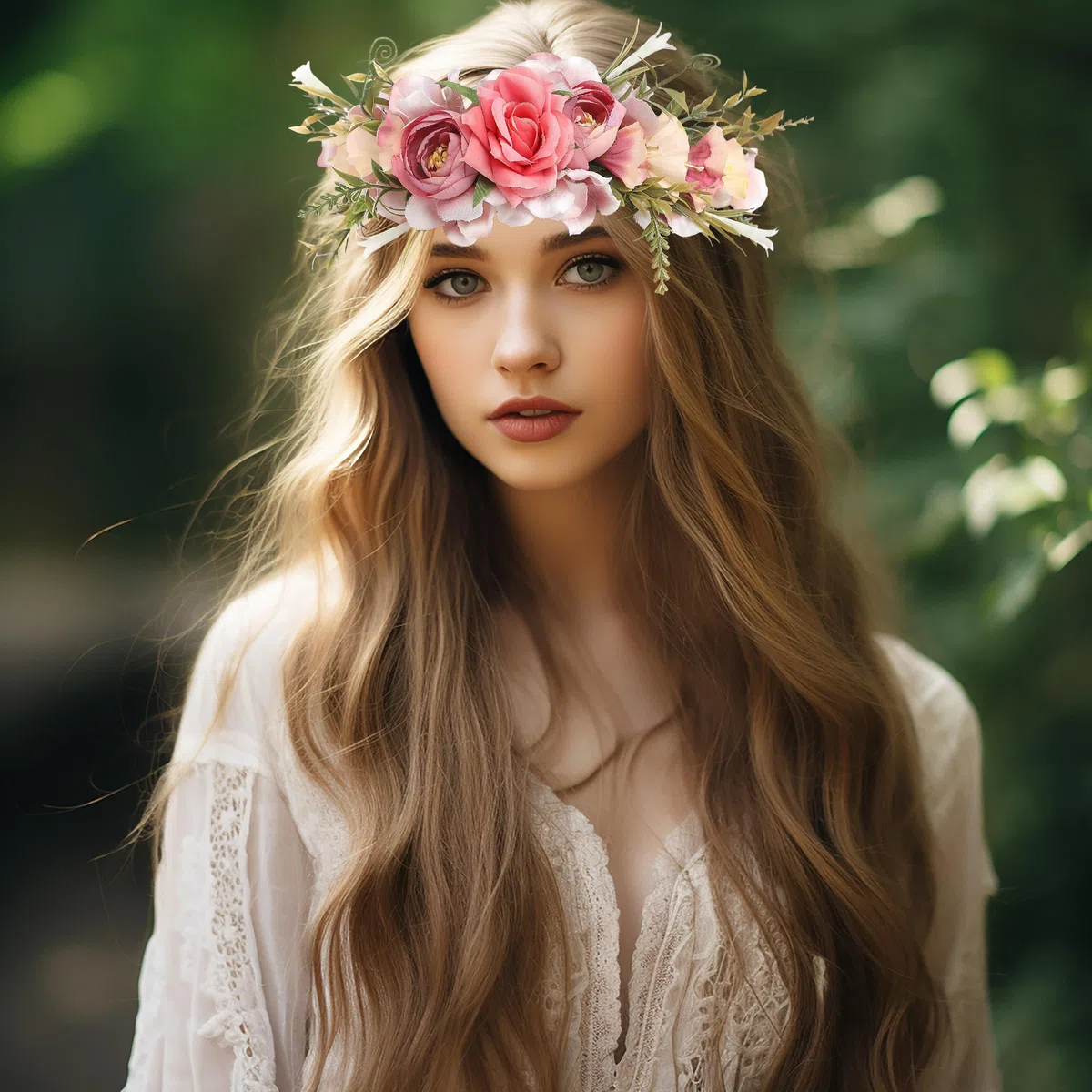 Blumenkrone für Damen, Boho-Stil, Blumenkranz, Blumenkranz, Halo-Kopfschmuck mit Band, Hochzeit, Party, Fotos, rosig
