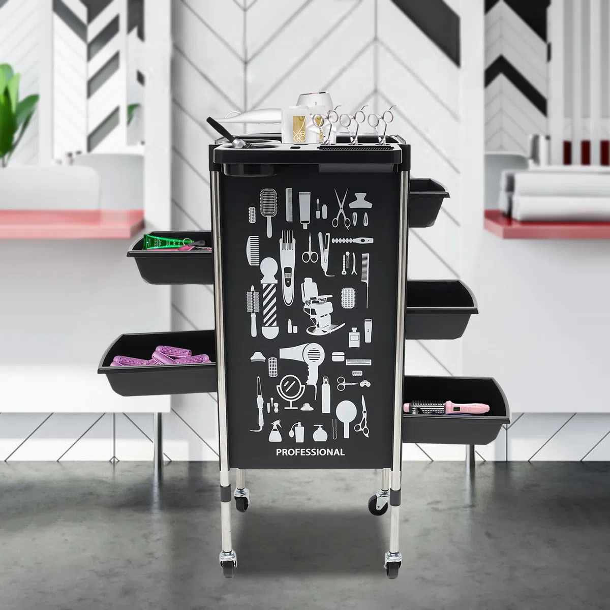 Friseurwagen, Arbeitswagen Rollwagen, mit 5 Schubladen Salon Trolley für Beauty Salon, Salonhilfe Friseur Arbeitswagen Wagen, Schwarz