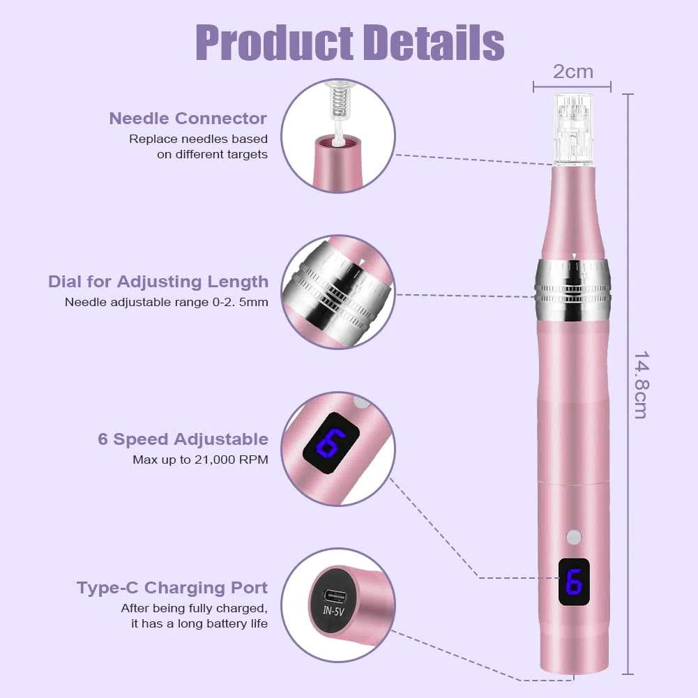 Vicloon Elektrisch Microneedling Pen, Drahtloser Elektrischer Dermapen Mikroneedling mit LCD Bildschirm und 5 Stufen, Einstellbar 0-2,5mm, Microneedle Haut Reparatur Tool (inkl.12 Nadelköpfe)-Rosa