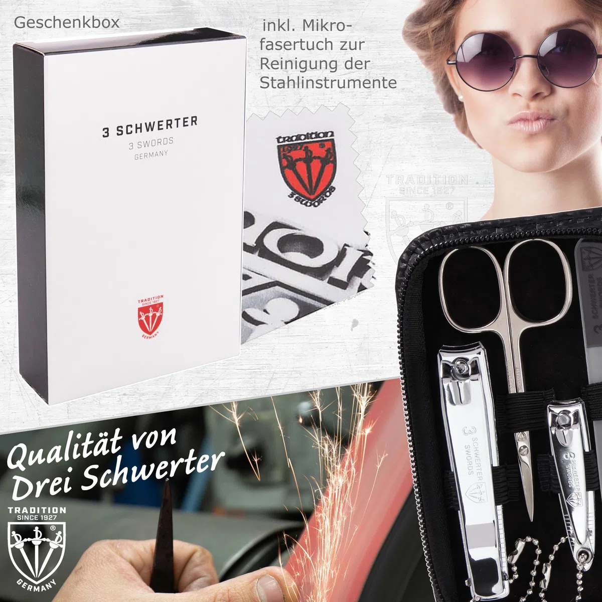 DREI SCHWERTER - Maniküreset 'Roma' - Nageletui mit 8 Instrumenten: Nagelschere, Hautschere, Fuß/Finger-Nagelknipser, Nagelreiniger, Pinzette, Glasnagelfeile, Saphirnagelfeile - carbon/schwarz