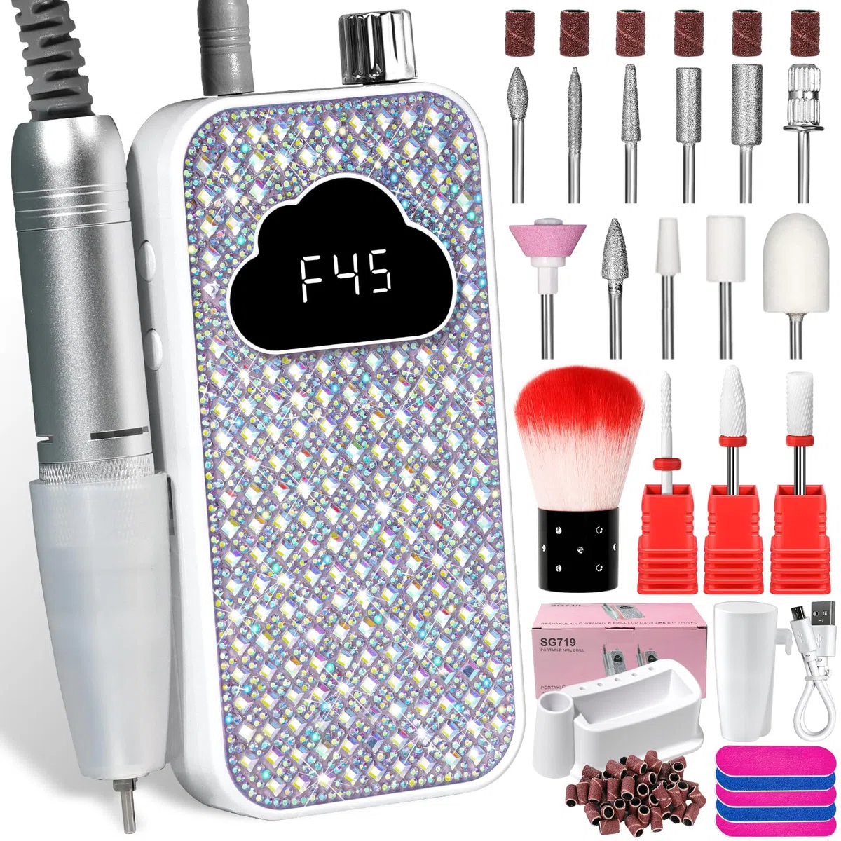 LIMEGIRL Professionelles elektrisches Nagelfeilenbohrer-Set, 45000 U/min, für Acryl-Zehennagel-Maschine, mit 14 Bohrern, Farbverlauf, weißer Glitzer, tragbar, wiederaufladbar, kabellos