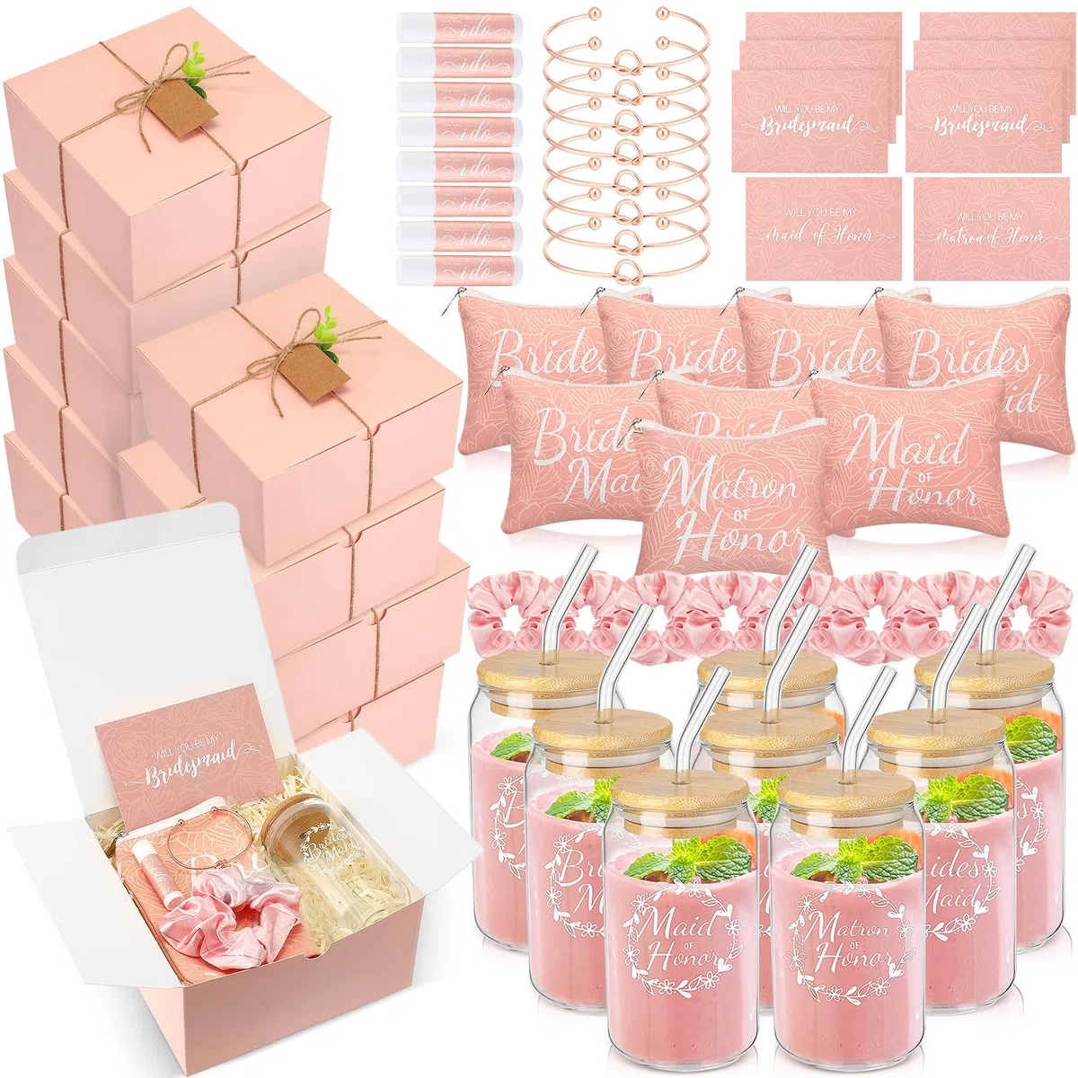 FillTouch 56 Stück Brautjungfern-Antragsgeschenke Brautdusche Geschenke inklusive Geschenk-Box Glasbecher Kosmetik-Make-up-Taschen Einladungskarten Lippenbalsam Haargummis Haar geknotete Armbänder