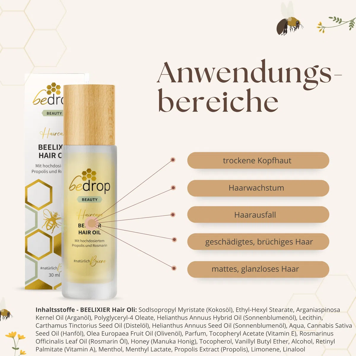 bedrop Hair Care Set | BEELIXIR Haaröl Hair Oil, Gelée Royale festes Shampoo, BEELIXIR fester Conditioner bei beanspruchtes Haar & Haarwachstum mit Rosmarinöl, Propolis & Manuka Honig