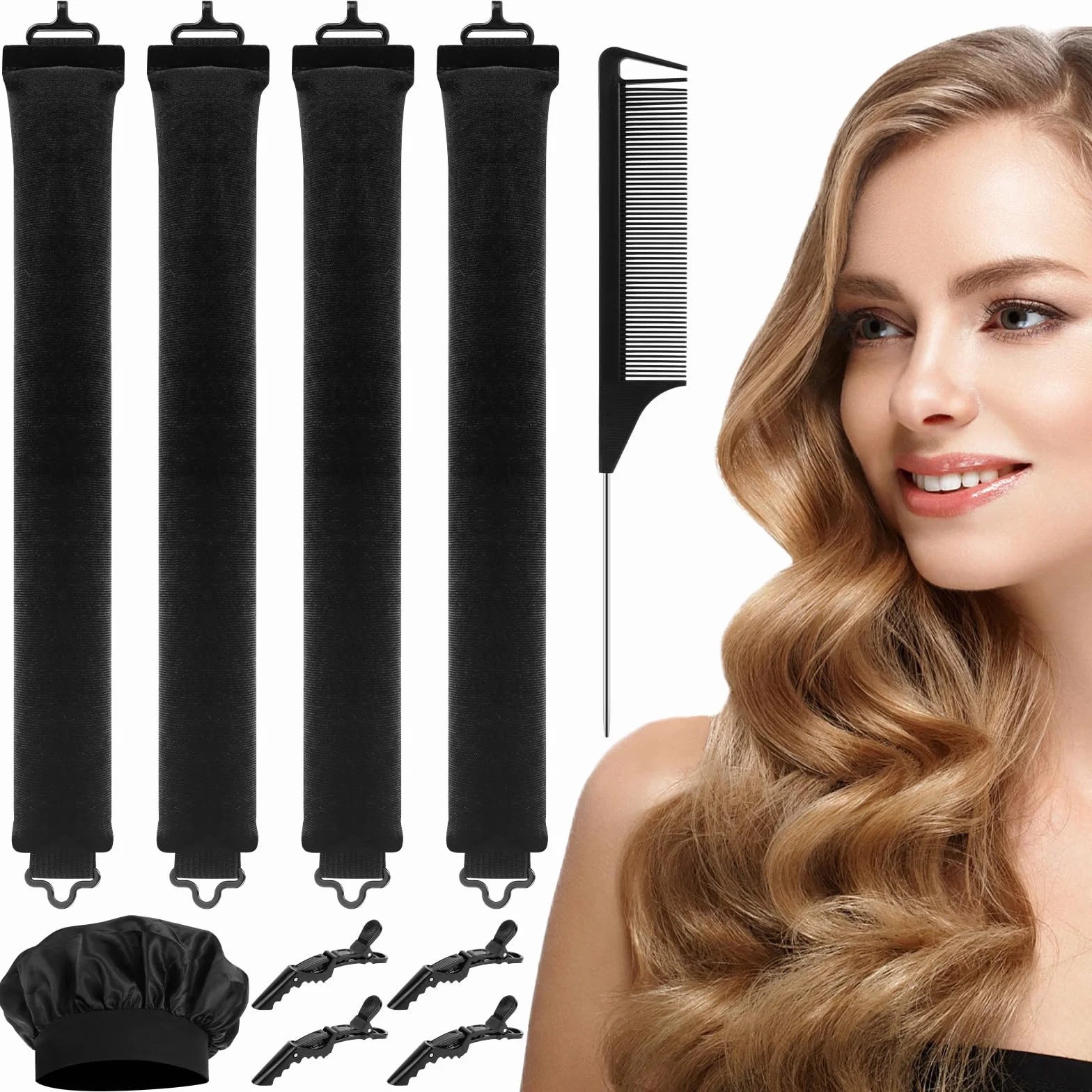 Lockenwickler Ohne Hitze Set 4PCS Haarspangen Schlafmützen Heatless Curls Overnight Hair Curler Heatless Lockenband über Nacht Locken über Nacht Ohne Hitze Blow Out Overnigh für Alle Hair Type Schwarz