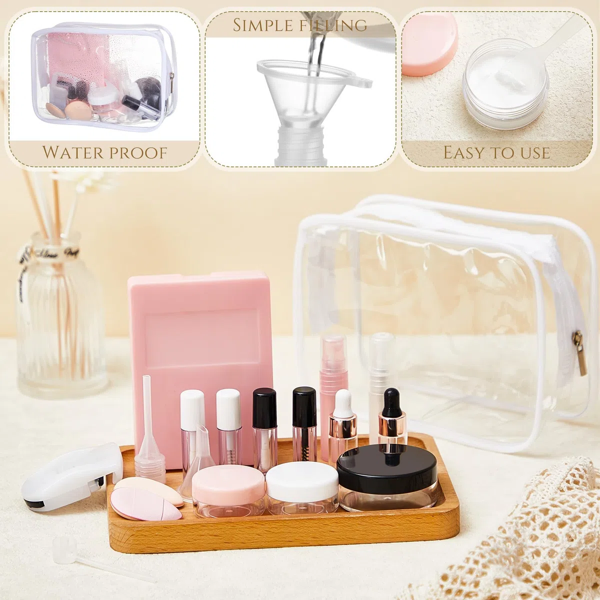Maxdot 20 Stück Reise-Make-up-Behälter-Set, Mini-Make-up-Pinsel, leere Flaschen mit Finger-Puff-Spateln, auslaufsicher, nachfüllbar, Kosmetikzubehör für flüssige Toilettenartikel, Hautpflege, Shampoo,