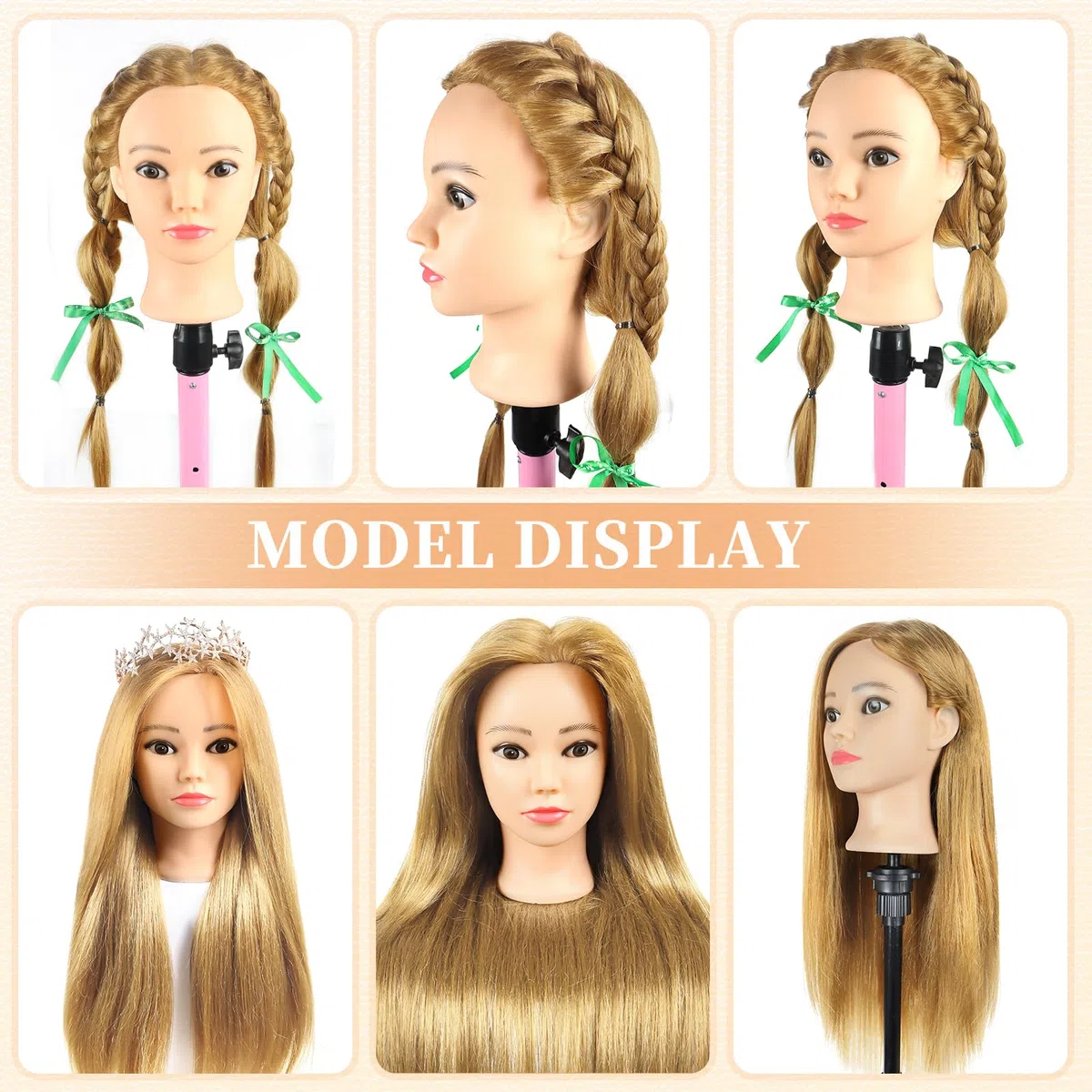 Schaufensterpuppe Kopf 26Inch Weiblich 80% Echthaar Friseur Kosmetologie Schaufensterpuppe Schaufensterpuppe Ausbildung Kopf Haar Puppe Kopf mit Tischklemme Halter (27#, 26Inch)