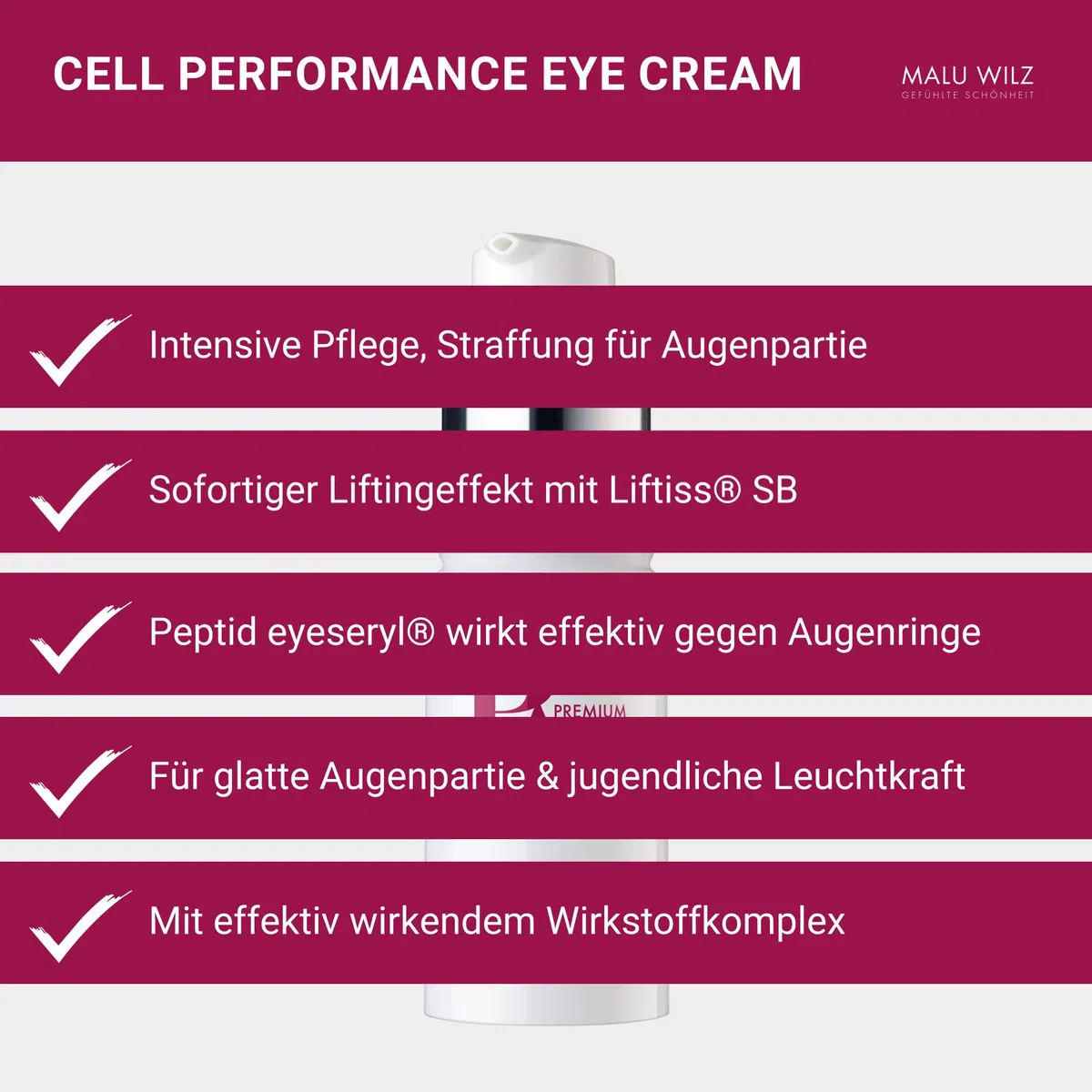 Malu Wilz Premium Aging Cell Performance Eye Cream 15ml I Anti Aging Augencreme gegen Falten und Augenringe I Augenpflege für beanspruchte Augenpartien
