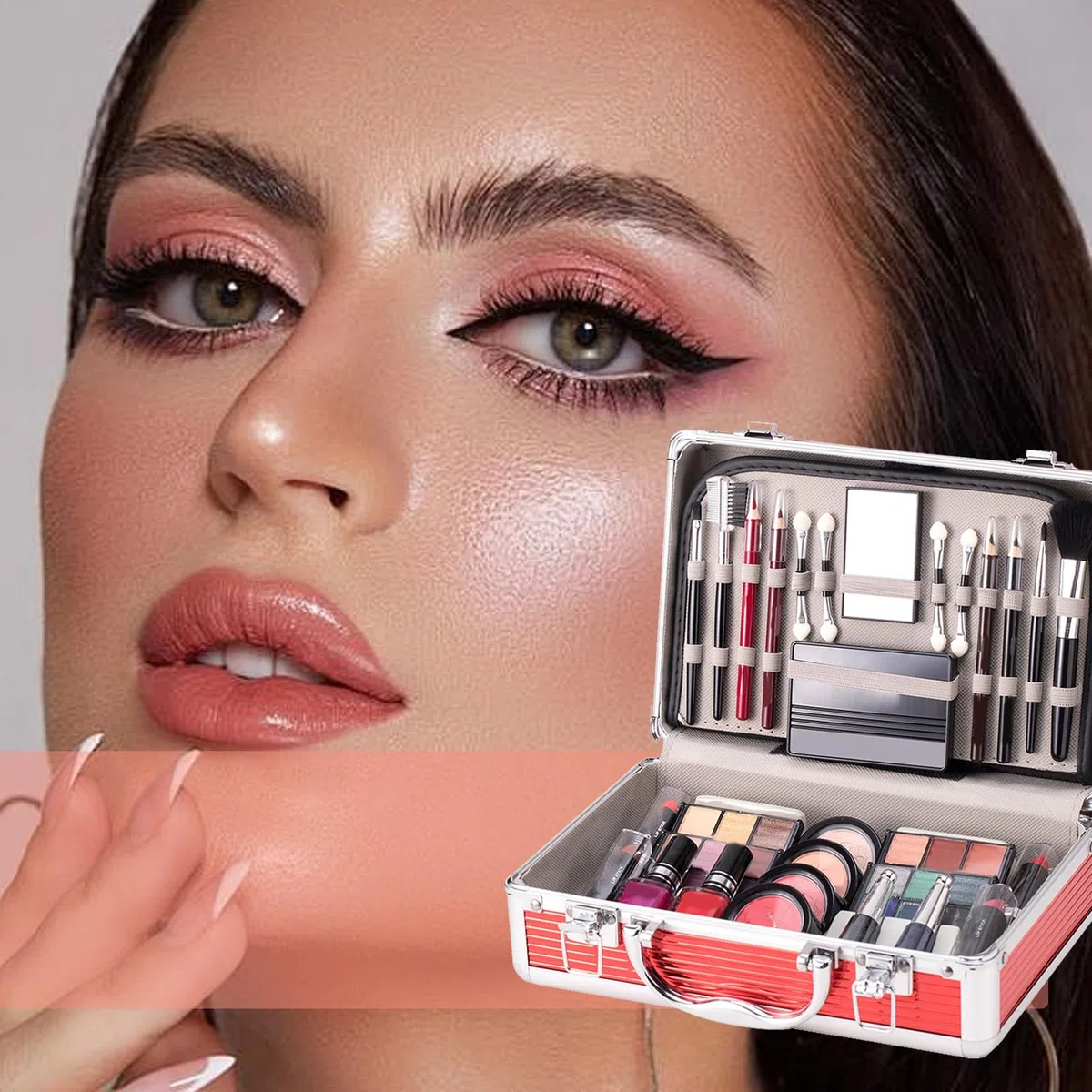 Komplettes Gesichts-Make-up-Set für Anfänger, Starter-Set mit Etui – | Lidschatten, Rouge, Augenbrauenstift, Lippenstift, Nagellack