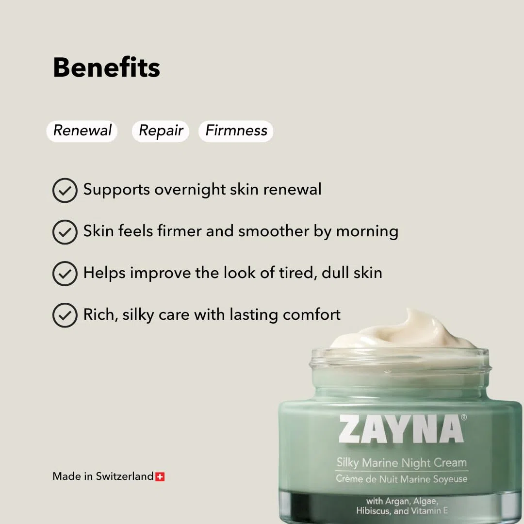ZAYNA Silky Marine Night Cream 50ml – Reichhaltige Nachtcreme mit Arganöl, Meeresalgen & Hibiskus für intensive Feuchtigkeitspflege und strahlende Haut. Hergestellt in der Schweiz
