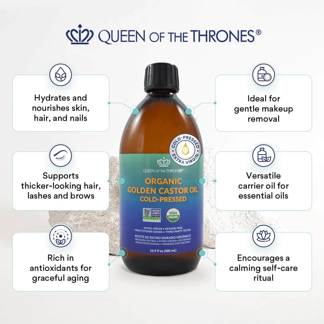Queen of the Thrones Organic Castor Oil - 500mL (16.9oz) | 100% Pure, USDA Certified, Cold Pressed & Hexane Free & Extra Virgin