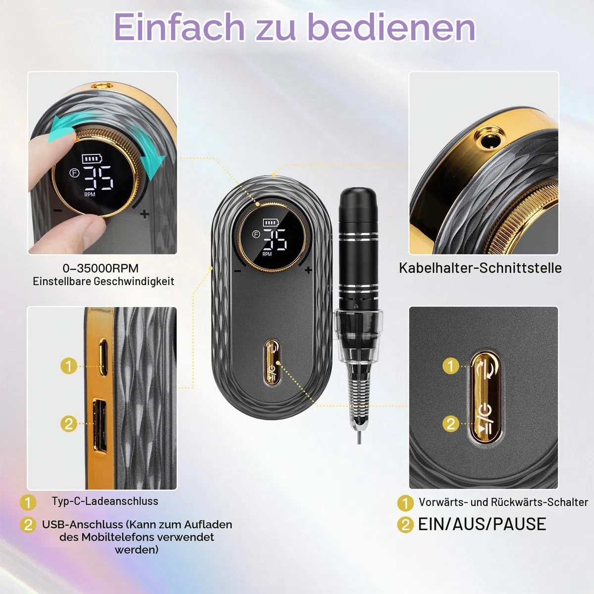 Nagelfräser für Gelnägel Professionell 35000 U/min: Madenia Fräser Nägel Kabellose mit 6 Metall & 7 Keramik Bits, Tragbare Elektrische Nagelfeile für Acrylnägel Maniküre Salon & Zuhause, Grau