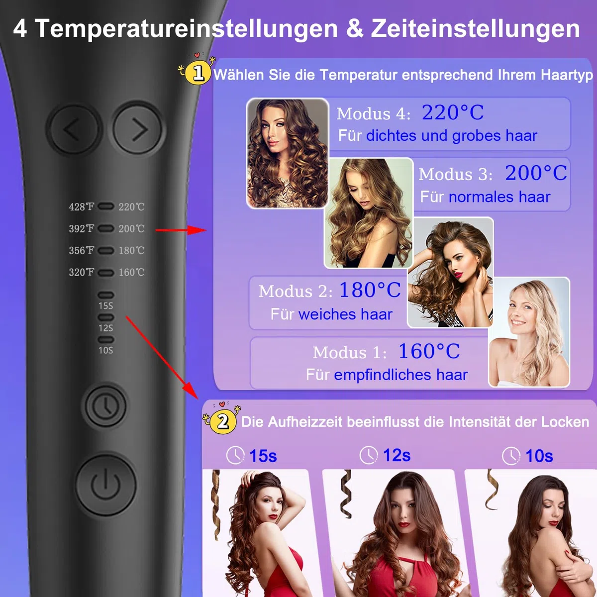 Lockenstab Automatisch,Lockenstab Große Locken mit mit 4 Temperatureinstellungen und 3 Heizzeitoptionen, Schnell Erhitzender Langanhaltende Frisur (Schwarz)