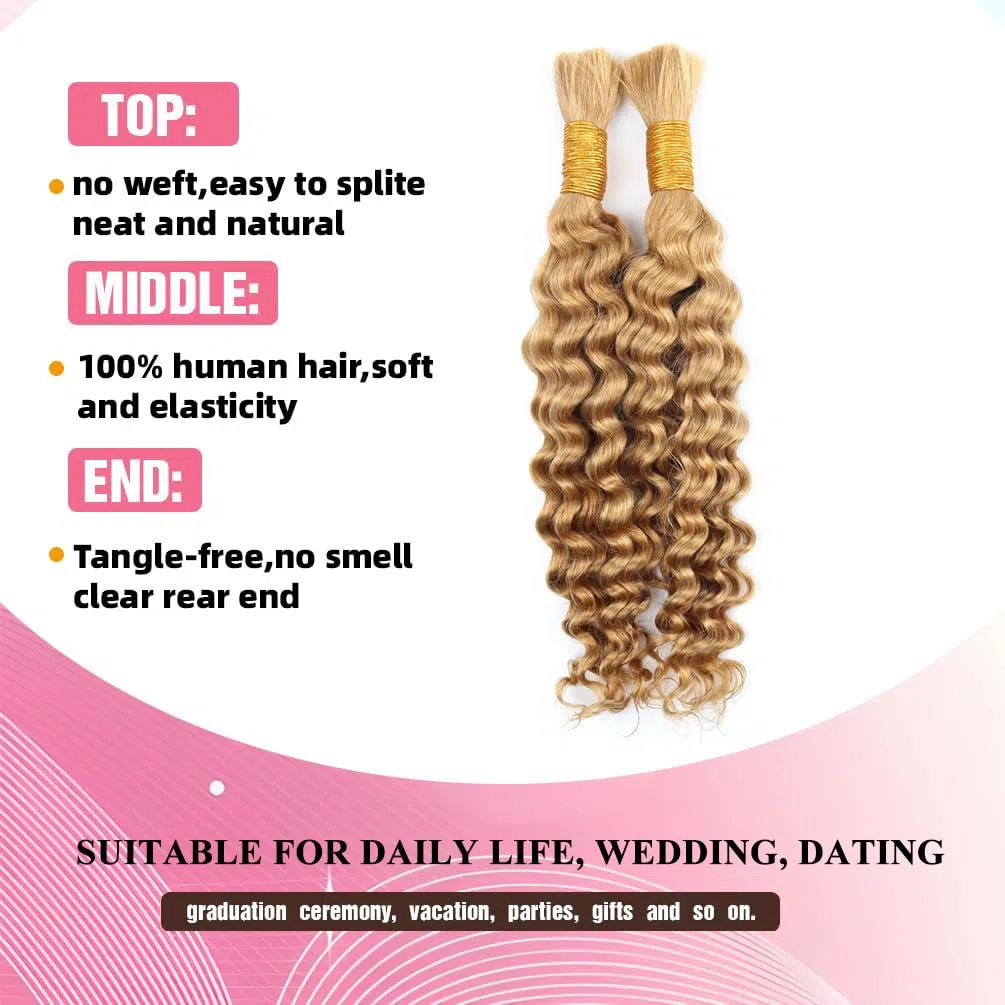 Lockiges Echthaar für Boho-Zöpfe 100g 45cm 2 Bündel Human Braiding Hair for Boho Braids Deep Wave Bulk Boho Hair for Braiding Knotless No Weft Bundles 18 Zoll Honey Blonde #27