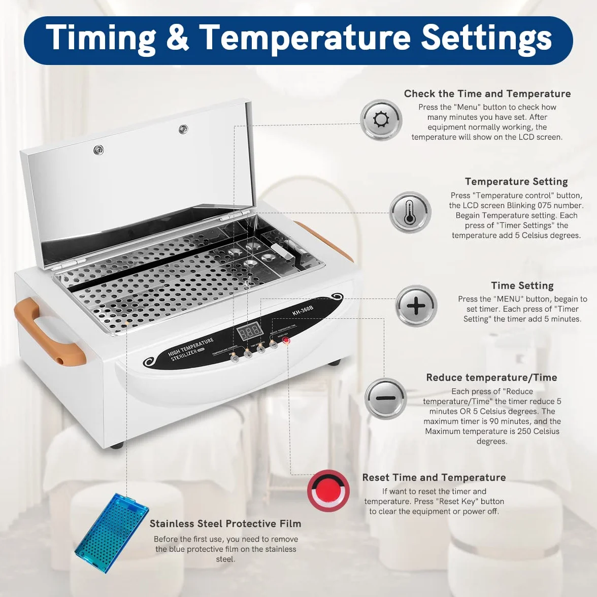 Xverycan 500W Heißluftsterilisator Desinfektion, 250℃ Trockene Hitze Hochtemperatur Sterilisator, Kleine Sterilisatoren für Nagelwerkzeuge, Kosmetikwerkzeuge, Friseurwerkzeuge, Schönheitssalon