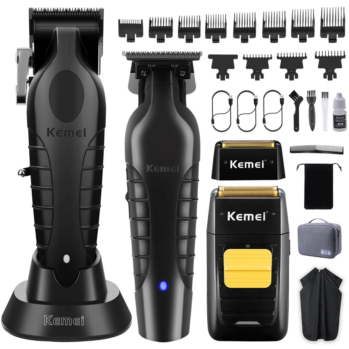 KEMEI Professionelle Haarschneidemaschine, Haar-/Bartschneider, Folienrasierer-Set für Männer, kabellose Haarschneidemaschine, elektrischer Rasierer mit Ersatzköpfen & Netzen, USB-Haarschneideset