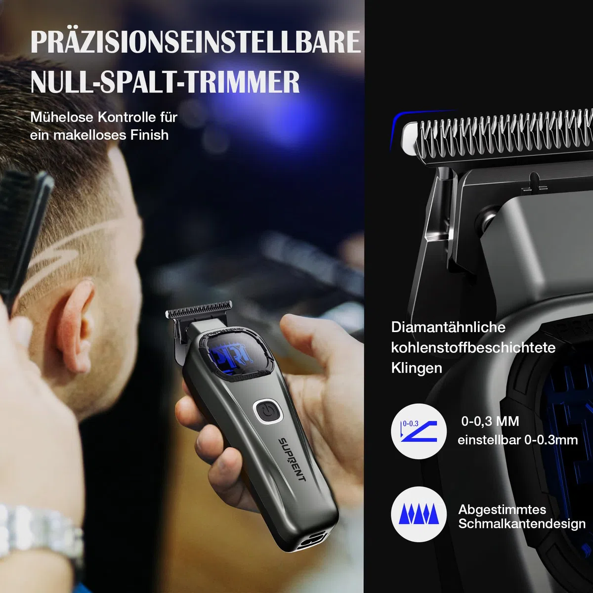 SUPRENT Haarschneidemaschine Herren Profi Titanbeschichtete Fade-Klinge Einstellbares Zero-Gap T-Blade 5 Längenstufen 2500mAh Akku Typ-C Ladestation