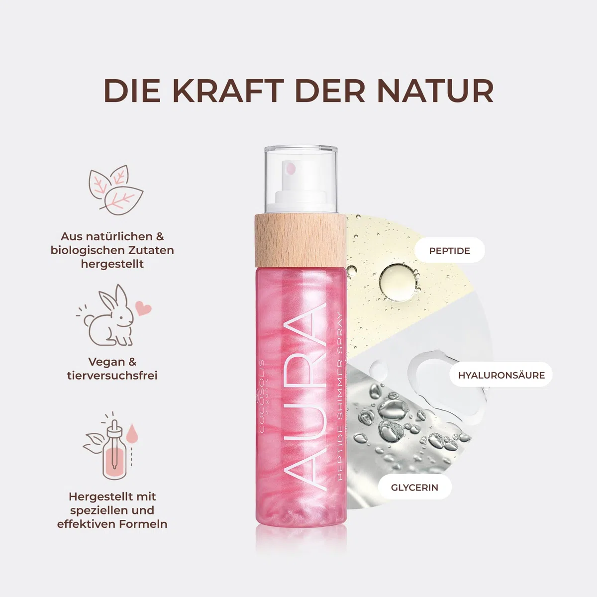 COCOSOLIS AURA PINK Peptide Shimmer Spray - Natürliches Glitzer Schimmer-Spray mit Peptiden für Gesicht, Körper und Haare