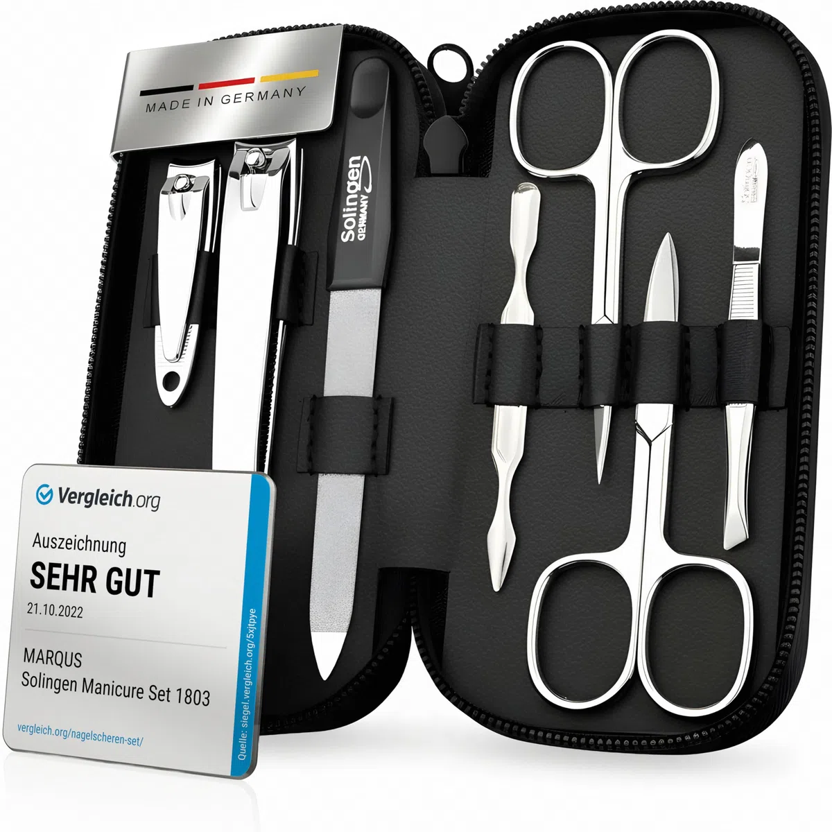 Solingen Maniküre-Set - Vergleichsgewinner mit bestem Preis/Leistung - Echtes Ledertasche praktisch und weich - 7-teiliger kompletter Satz für Damen und Herren MarQus aus glänzendem vernickeltem Stahl