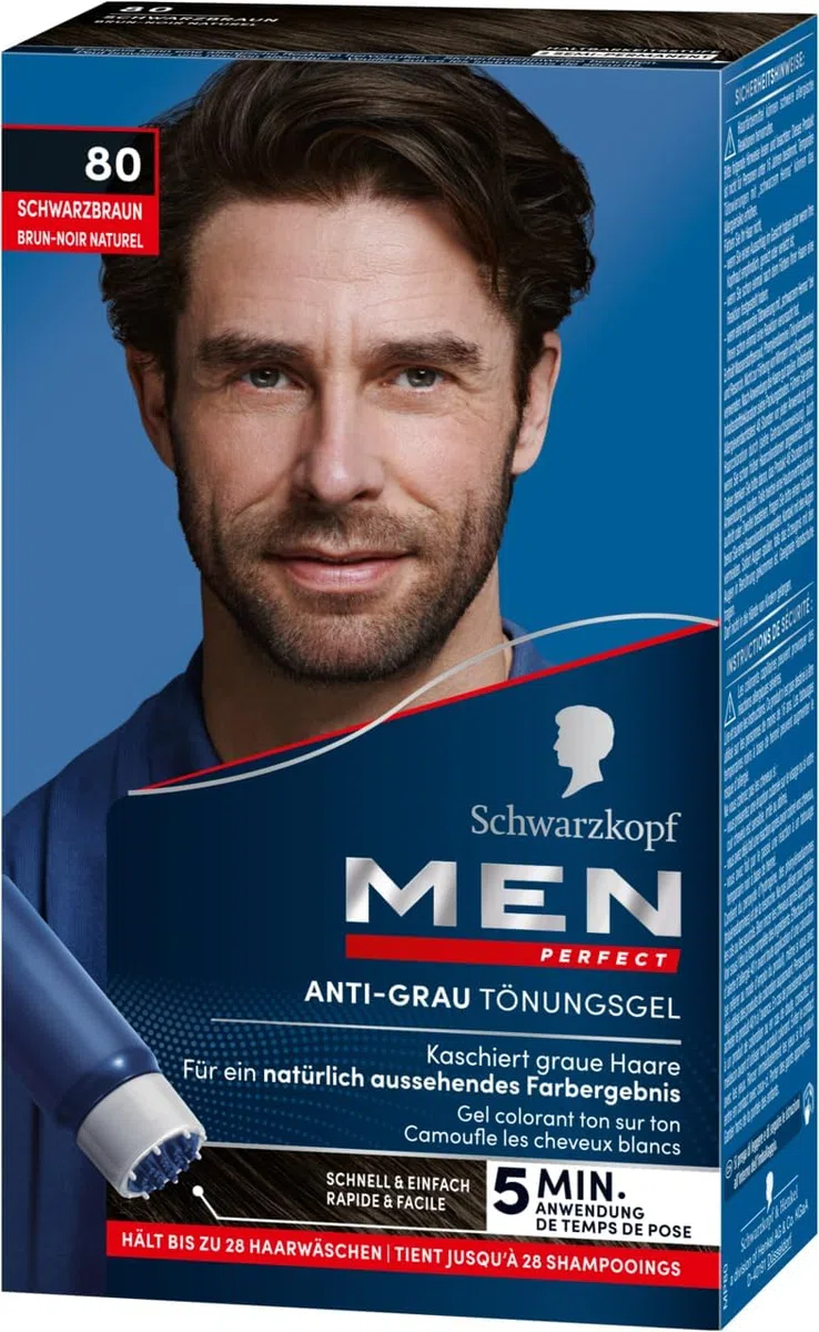 Men Perfect Anti-Grau Tönungs-Gel 80 Schwarzbraun (6x 80 ml), Haarfarbe für Männer blendet graue Haare aus, Anti-Grau Tönung für ein natürlich aussehendes Ergebnis