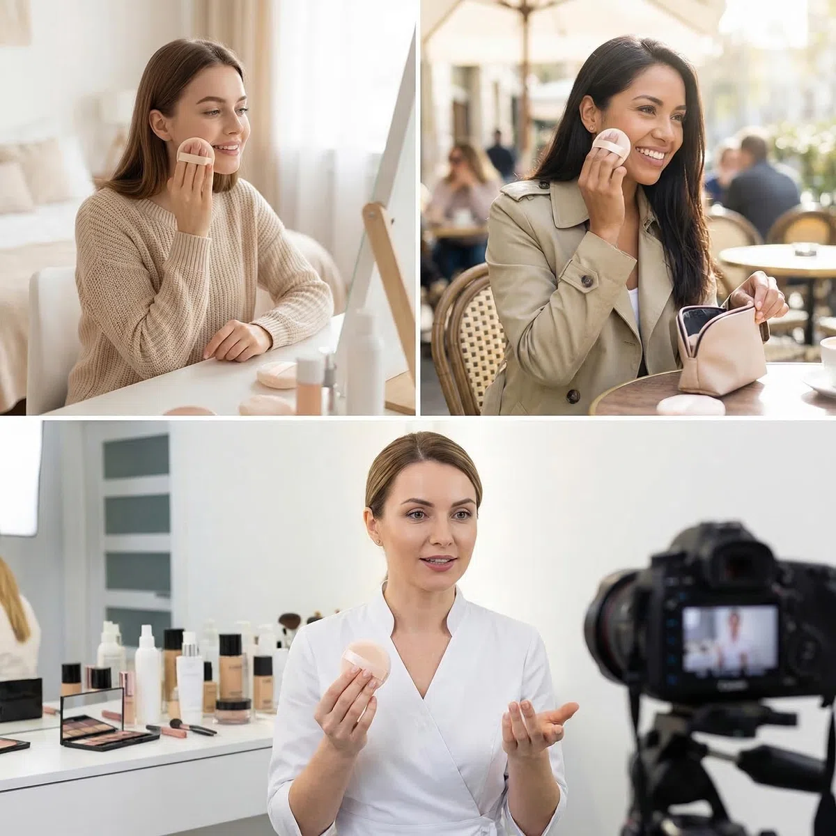 Runde Velour-Puderquasten mit Band, 8 cm, weicher Schwamm, Gesicht, Make-up, Kosmetik, loser Puderquaste, Foundation, Beauty-Werkzeug, 3 Stück (Beige)
