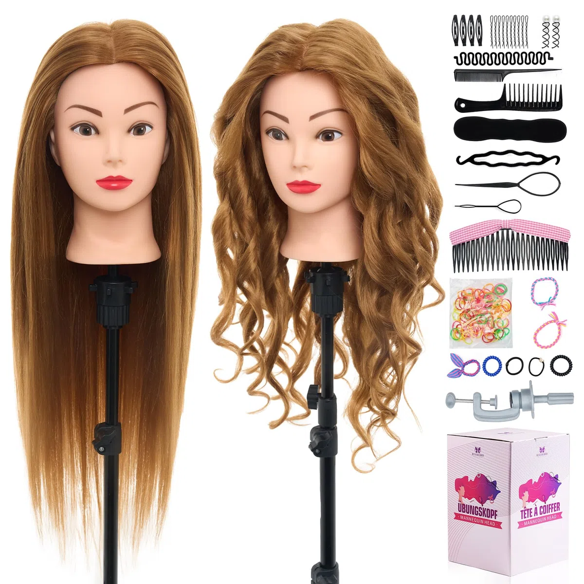 Neverland Frisierkopf 80% Echthaar 24 Zoll Friseurkopf mit Tischhalter und Haar Styling Braid Set