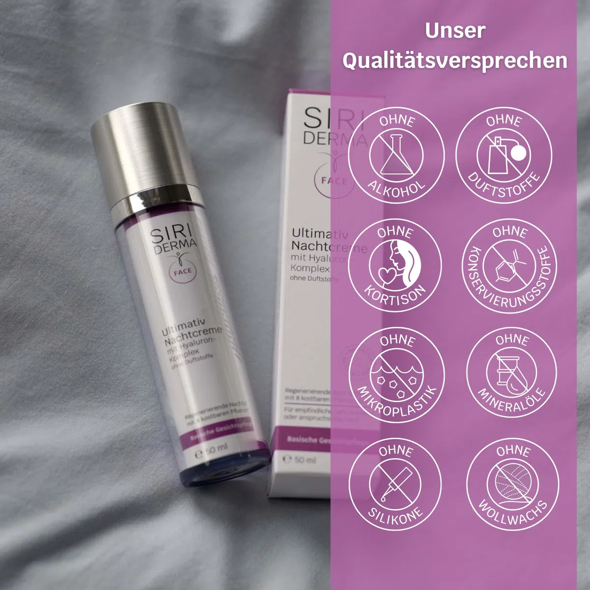 SIRIDERMA Ultimativ Nachtcreme | Basische Anti-Aging Gesichtscreme | Hyaluron und 8 Pflanzenöle | Vegan (ohne Parfum, 50 ml)
