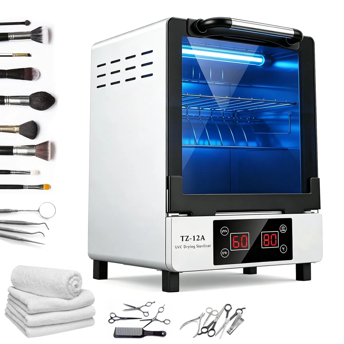 UV Heißluftsterilisator, 12L Sterilisator für Nagelwerkzeuge, UV Heißlufttrocknung 45-80°C, 0-60Min Digital Timer, Edelstahl Desinfektionsschrank für Nagelzubehör, Friseur, Kosmetikstudio