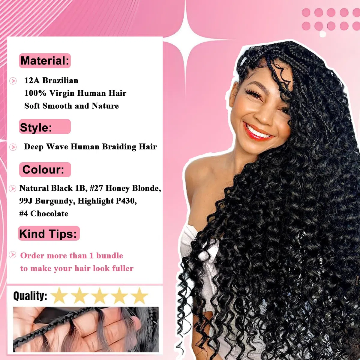 Lockiges Echthaar für Boho-Zöpfe 100g 45cm 2 Bündel Human Braiding Hair for Boho Braids Deep Wave Bulk Boho Hair for Braiding Knotless No Weft Bundles 18 Zoll Honey Blonde #27