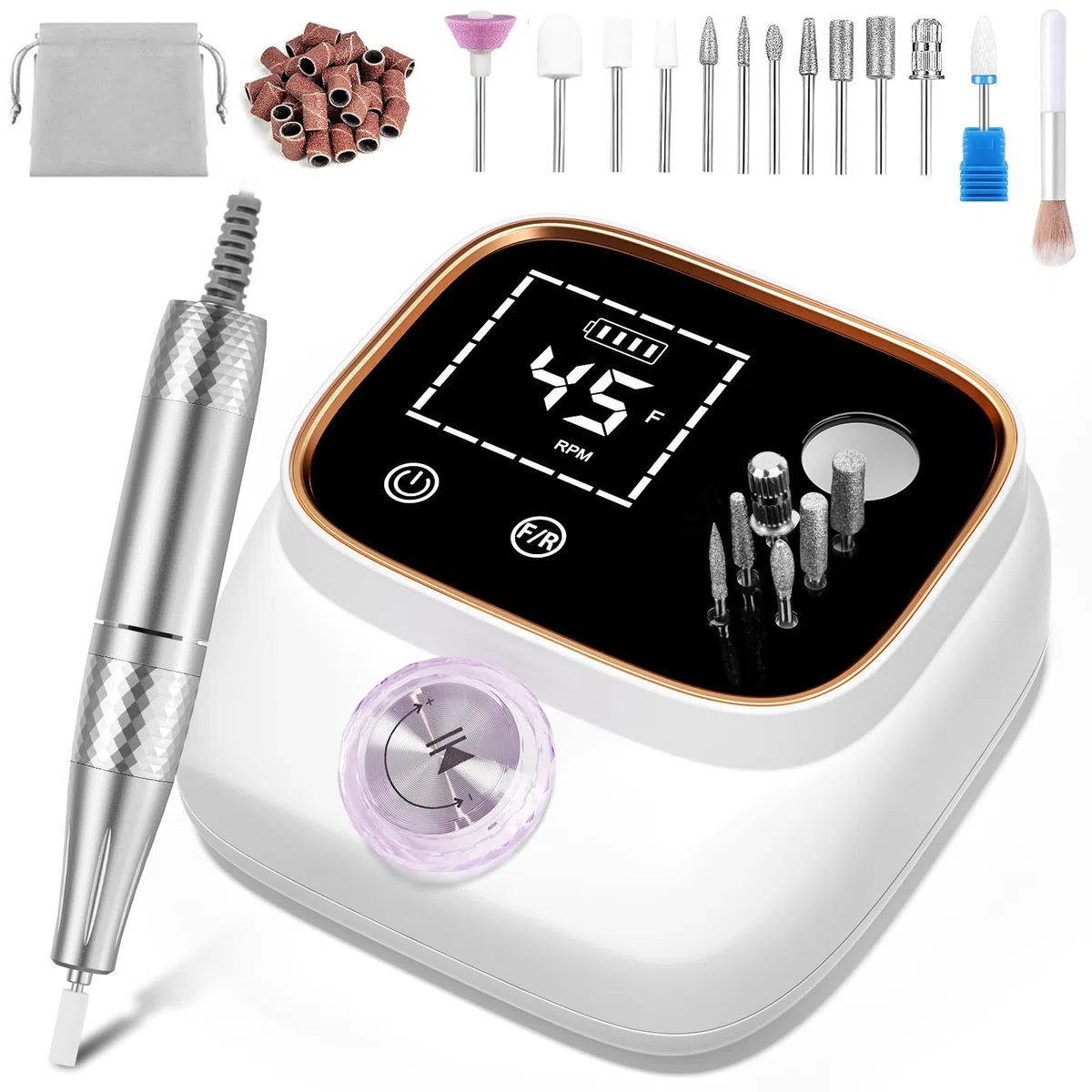 Professionelle Elektrische Nagelfeile 45000U/M für Gelnägel und Acrylnägel mit LCD-Display, Bit-Lock Design, mit Maniküre Pediküre Zubehör Set für den Heimgebrauch und Nagelstudios