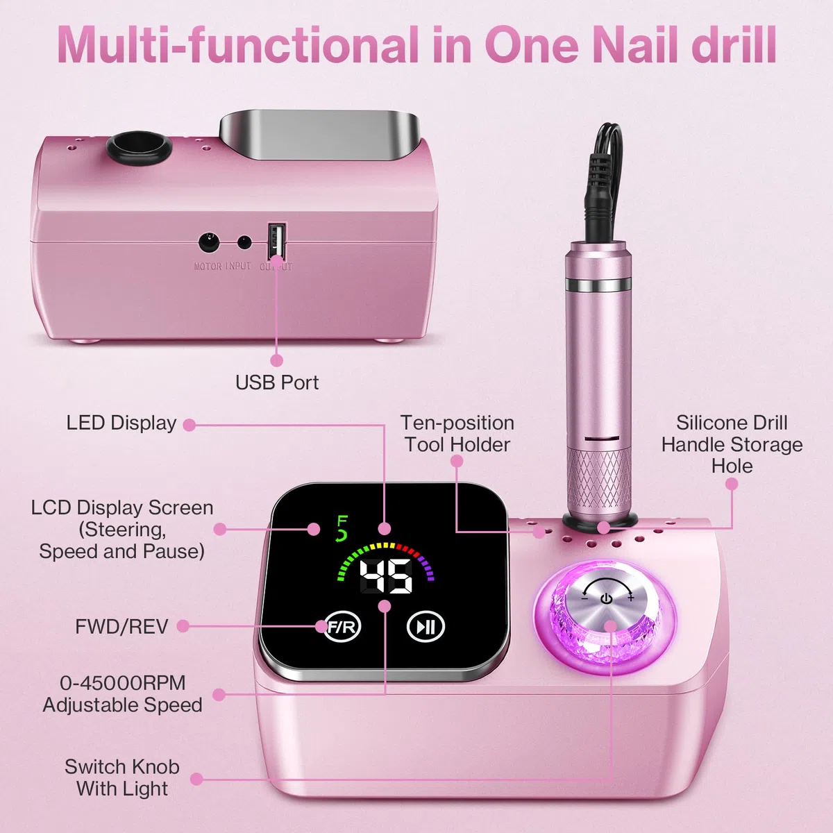 Elektrischer Nagelfeile Nagelfräser für Gelnägel, 45000 U/min Nagelfräser Professioneller mit LCD-Anzeige, Maniküre Pediküre Set mit Multifunktionale Basis und Touch-Button-Steuerung (Rosa)