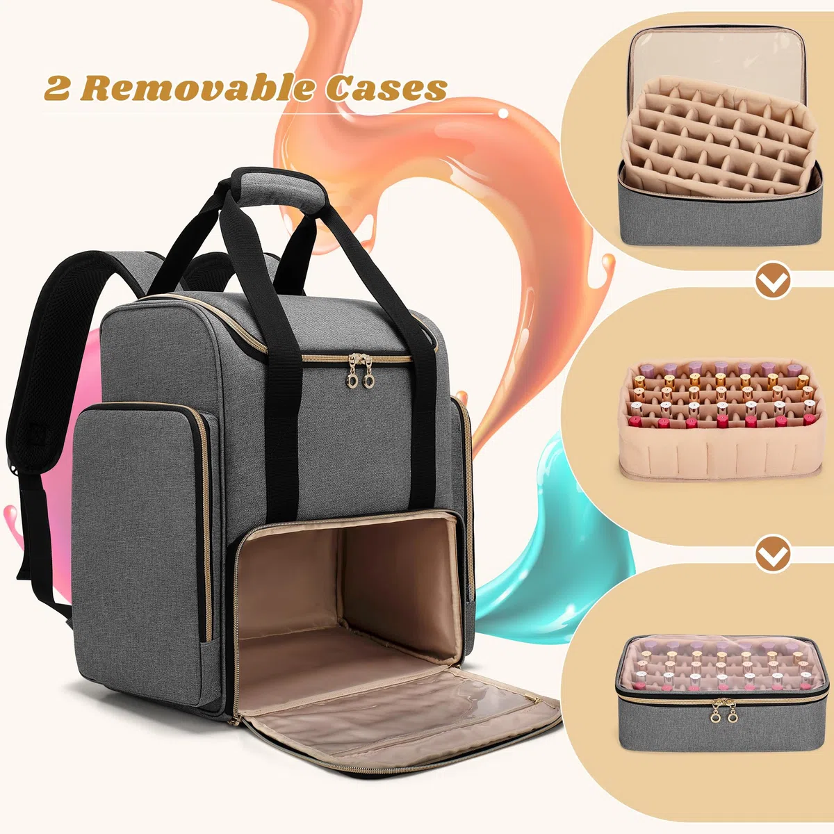 Luxja Kosmetik Rucksack für Nagellack, Grau | Nagellack Aufbewahrungstasche für Nagellampe und Nagellack, Nagellack Organizer Rucksack Groß, Grau