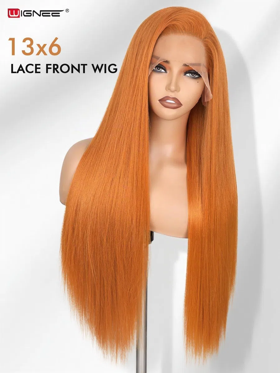 WIGNEE 13x6 Synthetische Spitze Frontperücke Vorgezogen Klebefreie Gerade Perücke 28 Zoll Lose Spitze Frontperücke mit Futura Haar Ginger