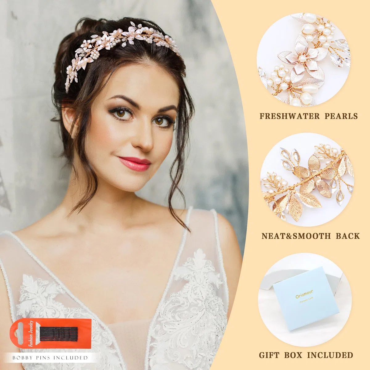 Oriamour Hochzeit Stirnband Brautschmuck Kopfschmuck Blume mit echten Süßwasserperlen und Schleifen Haarschmuck für Braut