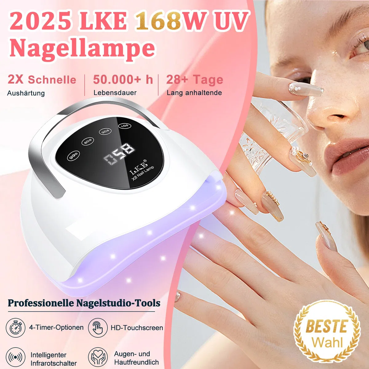 LKE UV Lampe für Gelnägel 168W led lampe nägel UVs Lampes Nägel mit 4 Timer LCD Display Smart Sensor Premium Nageltrockner UV LED Lampe für Nägel Professionelle Nagellampe für Zuhause & Nagelstudio