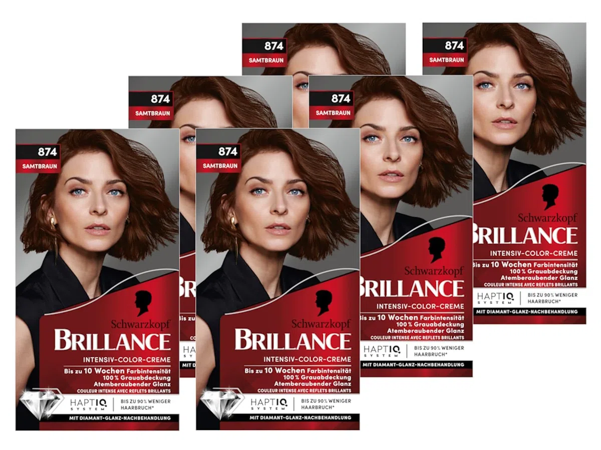 Brillance Intensiv-Color-Creme 874 Samtbraun (6x 160 ml), dauerhafte Haarfarbe mit Diamant-Glanz und Pflege-Conditioner, für 10 Wochen Farbintensität