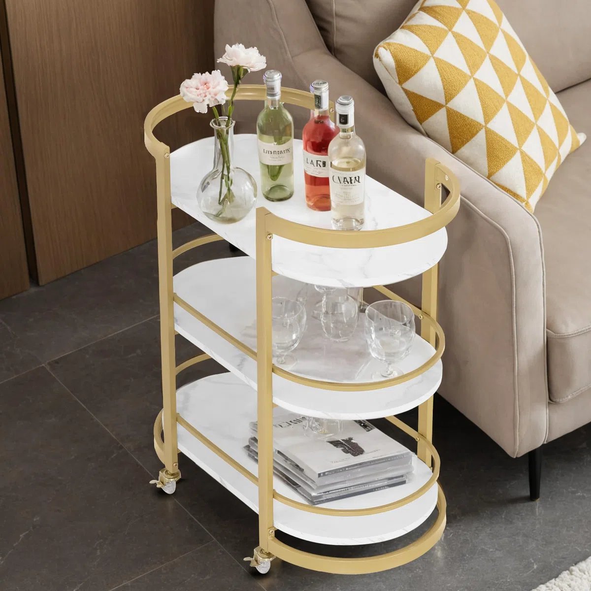 M MCombo Servierwagen mit Rollen, Küchenwagen Barwagen Metallgestell Weiß-Gold, 3 Ebenen, 40x75,5x80