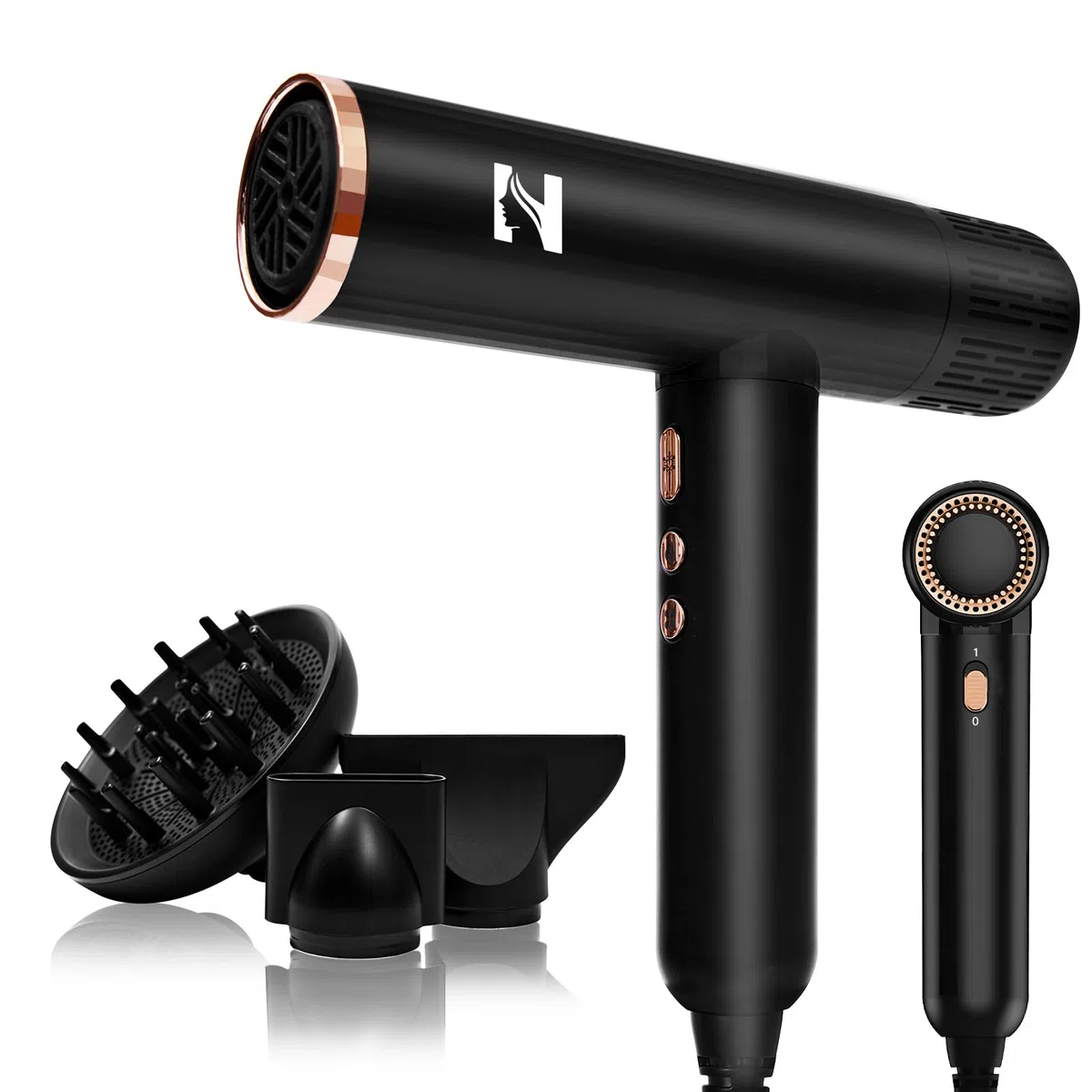 NICEBAY Ionen Föhn mit Diffusor，1900W Hochgeschwindigkeits Haartrockner | Profi Fön mit 110000 U/min BLDC Motor für Schnelles Trocknen, 4 Temperatur- & 3 Luftstufen, Leicht & Leise，Schwarz/Gold