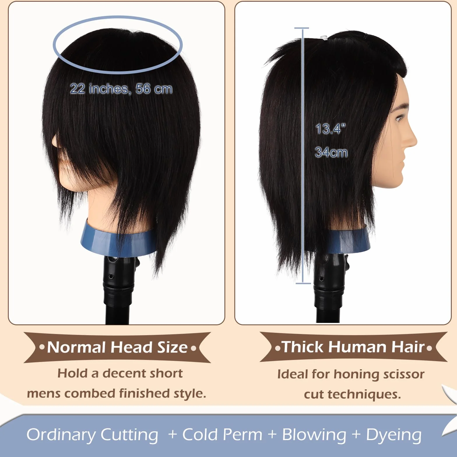 Mann Frisierkopf 100% Echthaar, Frisurenkopf Männlicher Haarschnitt Übungskopf mit Haar, Friseur Kopf Mannequin Head Puppenkopf mit Tischklemme (Schwarz, 35 cm)