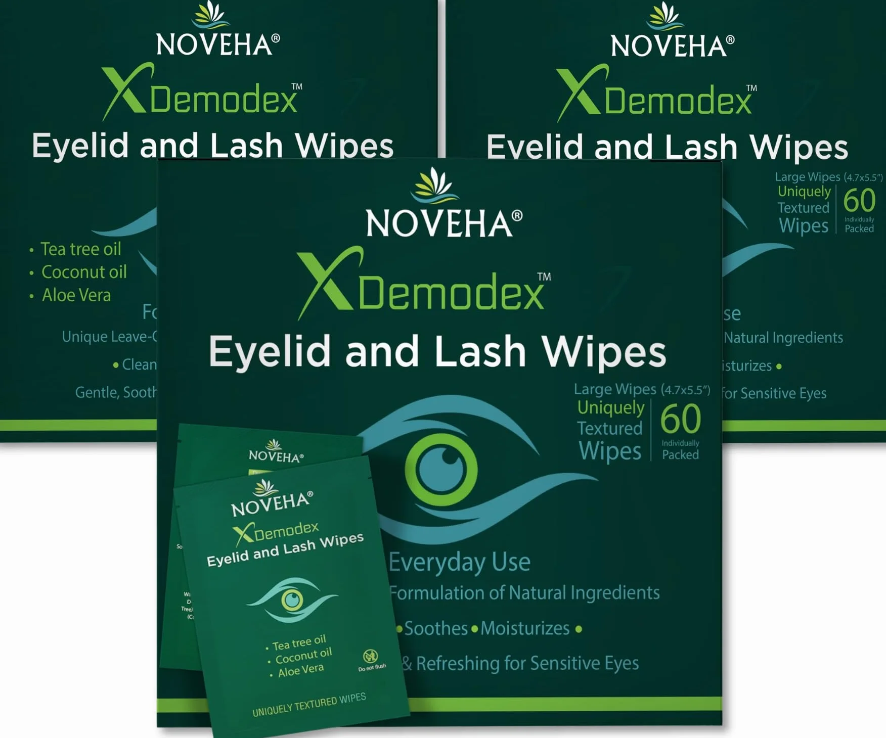 NOVEHA - Demodex Reinigungstücher für Augenlider und Wimpern | 60 Stück extra starke Wimpern-Reinigungstücher einzeln verpackt
