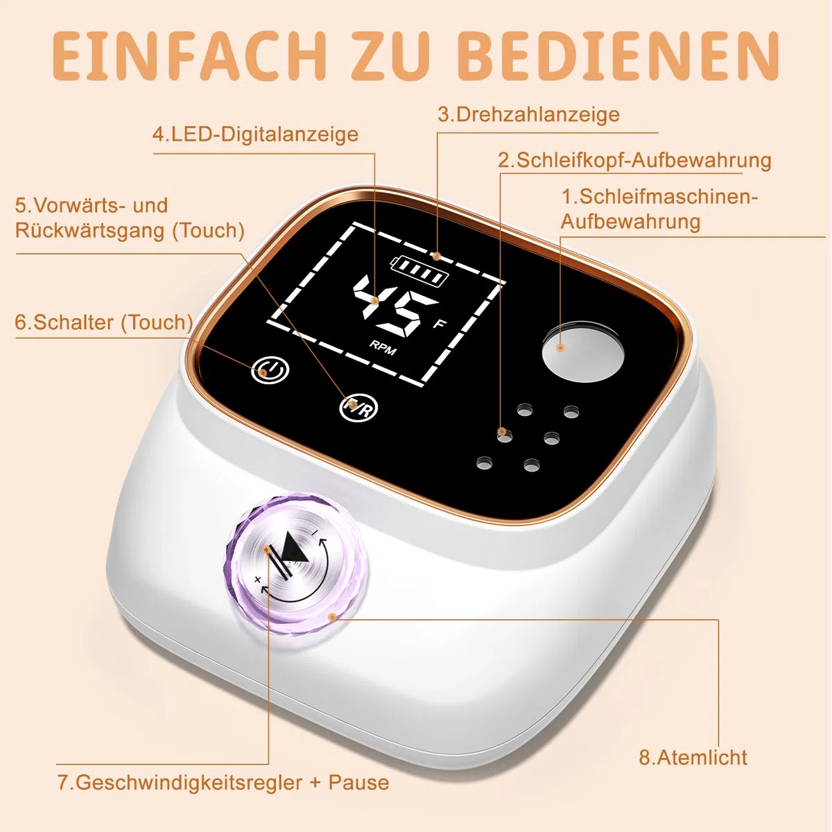 Professionelle Elektrische Nagelfeile 45000U/M für Gelnägel und Acrylnägel mit LCD-Display, Bit-Lock Design, mit Maniküre Pediküre Zubehör Set für den Heimgebrauch und Nagelstudios