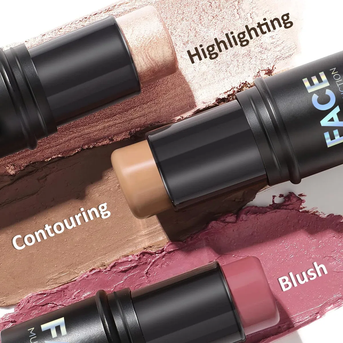 Set mit 3 Konturenstiften in Creme, Rouge, Highlighter, Bronzer und Konturenstift, matt, wasserfest, mit Pinsel, cremiger Stift, nicht fettend