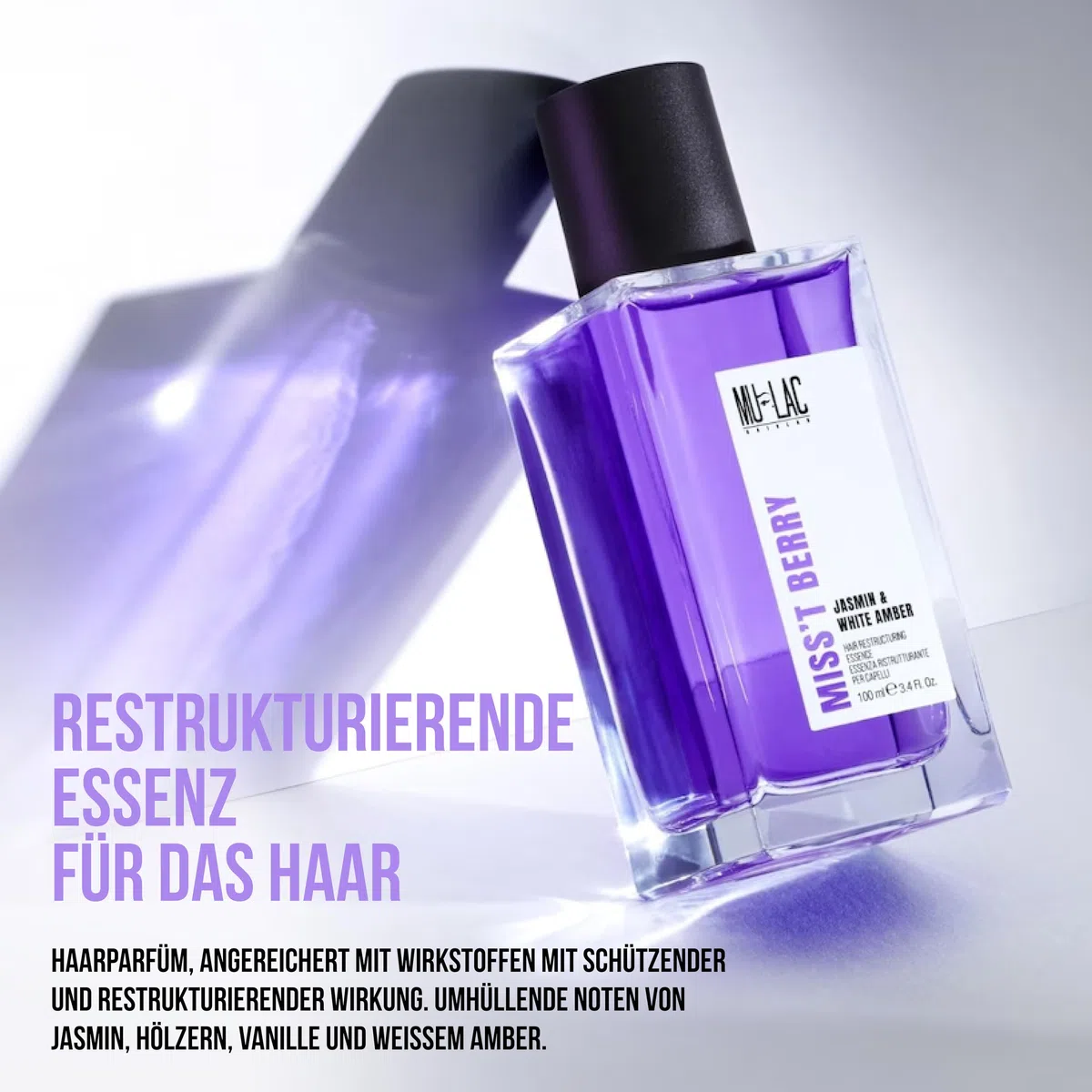 MULAC | Miss't Berry Haaressenz Restrukturierend, Haarparfum mit Heidelbeeröl und pflanzlicher Keratin, Restrukturierende Wirkung, Noten von Holz und Vanille, 100ml