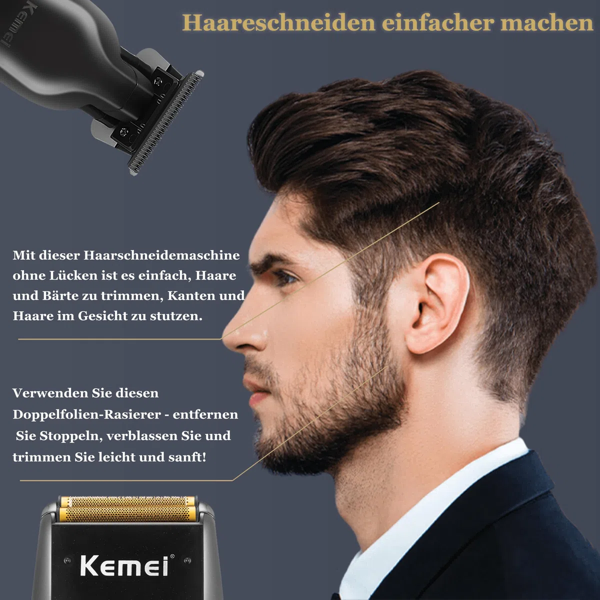 Kemei Elektrorasierer für und Haarschneidemaschine für Männer, professioneller Trimmer ohne Zwischenraum, kabelloser Kopfrasierer mit Glatze, 1102+2299