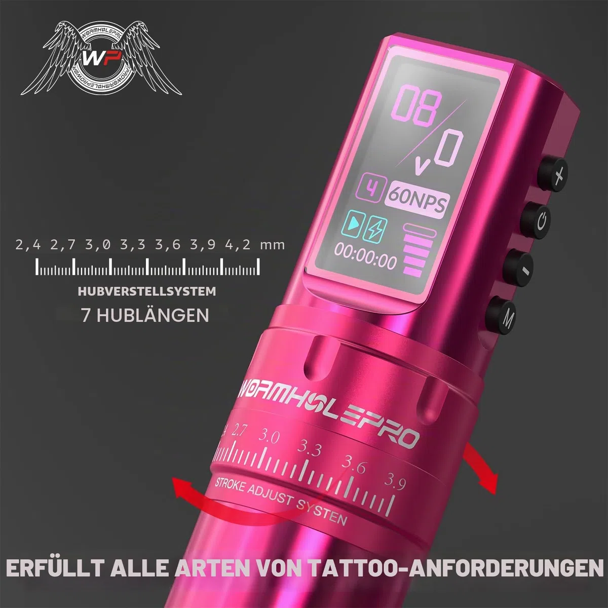 WORMHOLE PRO 80PCS Tattoo Gun Kit mit 7 einstellbaren Strichen, 1800mAh Kapazität Ersatz Netzteil, Digital LED Display, 20Pcs Tattoo Nadeln für Tattoo-Künstler - Rosa