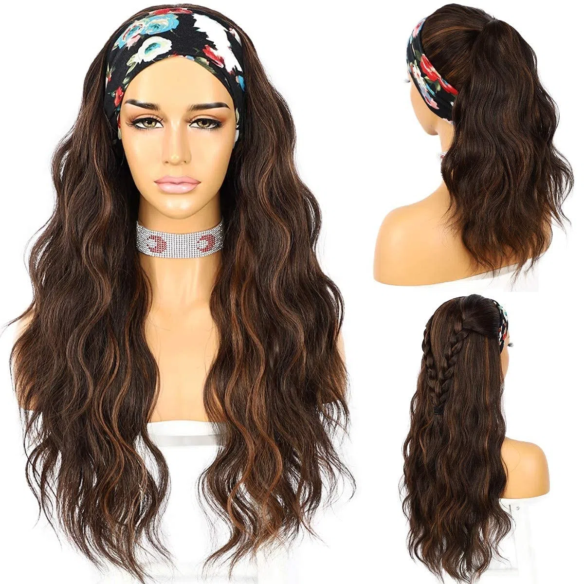 Sapphirewigs Body Wave Stirnband Perücke synthetische lange wellige braun 150% Dichte 26 inch