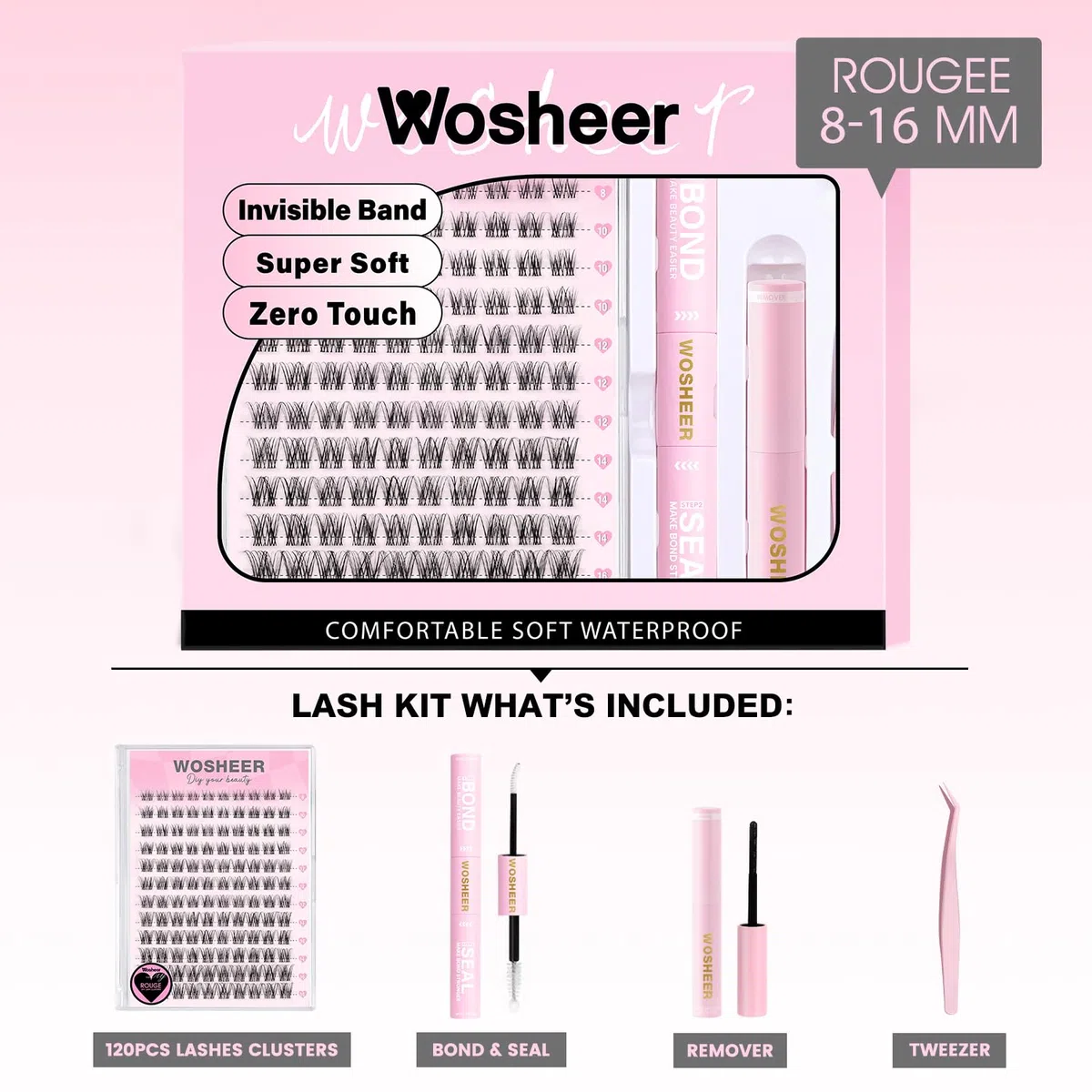Wimpern Extensions Set, Lash Cluster Set, Wispy Natürliche Wimpern Cluster, D Curvature Diy Künstliche Wimpern with Bond and Seal & Remover (8-16mm, Rougee Set)