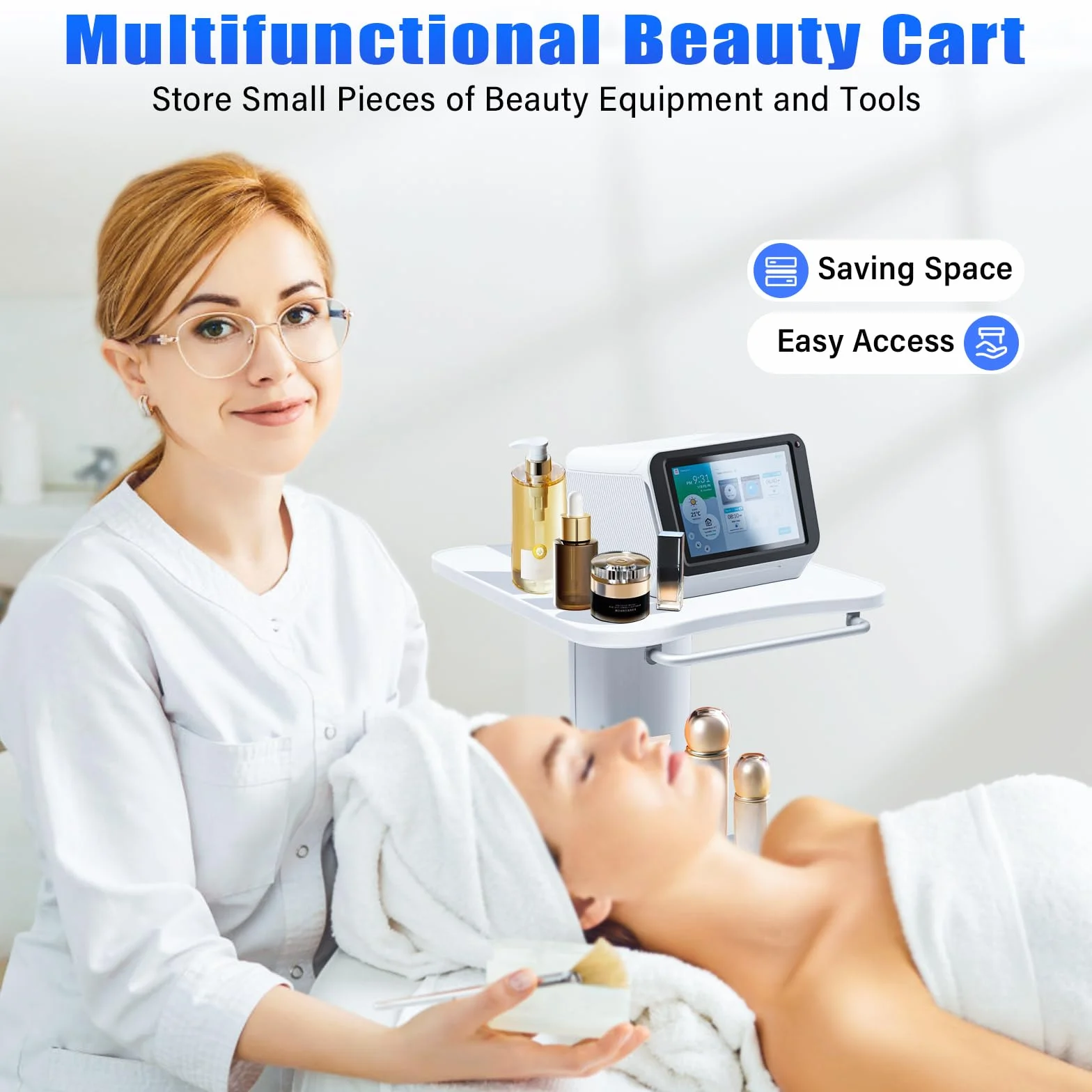Kosmetikwagen Beauty Salon Trolley, Tragbar Medizinischer Wagen mit Ablagefach, ABS Arbeitswagen Weiß