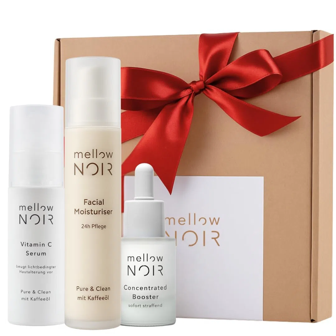 Höhle der Löwen Gesichtspflege Set | mellow NOIR | Hyaluronserum, Tagescreme, Vitamin C Serum | Anti Falten Gesichtspflege | Feuchtigkeitsspendend | Anti-Aging | Vegan | zertifizierte Naturkosmetik