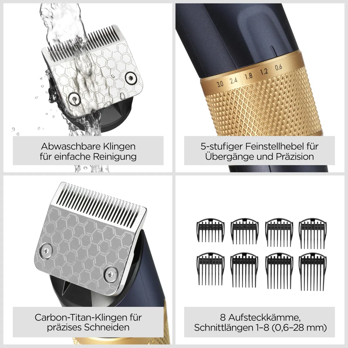 BaByliss Lithium Performance Haarschneider E986E – Kabelloser Profi-Haarschneider, 45 Längeneinstellungen (0,6–28 mm), Lithium-Akku, Dunkelblau/Gold
